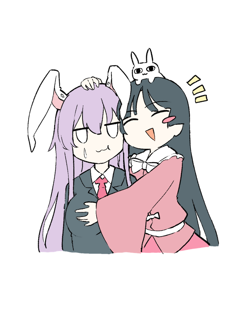 2girls :3 animal_ears belt black_hair black_jacket blazer blush_stickers breasts cheek_squash closed_eyes collared_jacket collared_shirt commentary_request deetamu empty_eyes grabbing grabbing_another's_breast hand_on_another's_head houraisan_kaguya hug jacket large_breasts long_hair looking_at_viewer multiple_girls necktie open_mouth pink_shirt purple_hair rabbit rabbit_ears red_necktie red_skirt reisen_udongein_inaba ribbon shirt simple_background skirt sweat touhou upper_body very_long_hair white_background white_ribbon white_shirt
