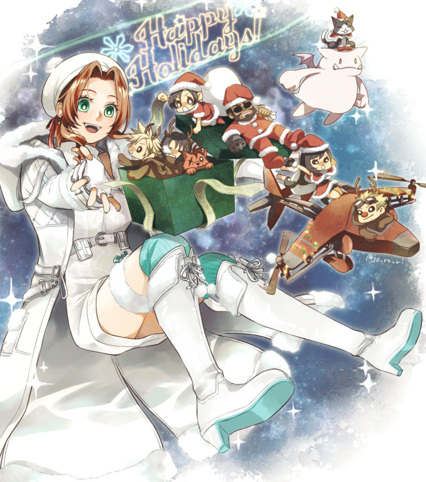 aerith_gainsborough aerith_gainsborough_(fairy_of_snowfall) aircraft airplane animal_costume barret_wallace boots box cait_sith_(ff7) chibi christmas cid_highwind cloud_strife coat final_fantasy final_fantasy_vii final_fantasy_vii_ever_crisis flying gift gift_box happy_holidays hat high_heel_boots high_heels jo_ro_ri moogle official_alternate_costume open_mouth red_xiii reindeer_costume santa_costume santa_hat scar scar_across_eye thighhighs thighhighs_under_boots tifa_lockhart tifa_lockhart_(fairy_of_the_holy_flame) vincent_valentine winter_clothes winter_coat yuffie_kisaragi