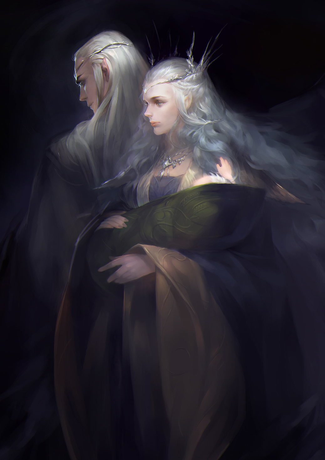 2boys baby back big_hair black_background blue_eyes braid carrying closed_mouth elf extra eyelashes family formal grey_nails highres husband_and_wife jewelry legolas lips long_hair long_sleeves looking_away lord_of_the_rings multiple_boys nail_polish necklace pointy_ears profile sidelocks the_hobbit thranduil truelion very_long_hair wavy_hair white_hair wide_sleeves