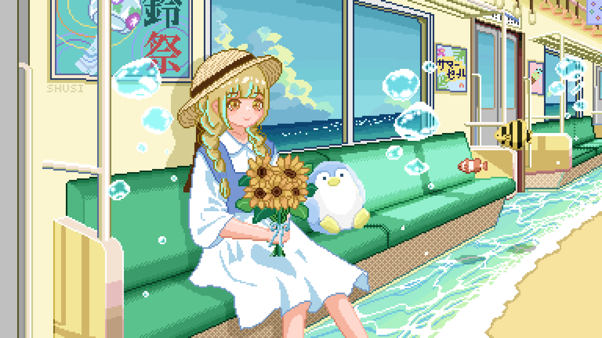 1girl air_bubble beach blonde_hair blue_vest bubble clownfish dithering dress fish flower hat highres pixel_art shusi_(6muuu3) sitting smile solo straw_hat stuffed_animal stuffed_penguin stuffed_toy sunflower train_interior vest waves white_dress wind_chime yellow_eyes