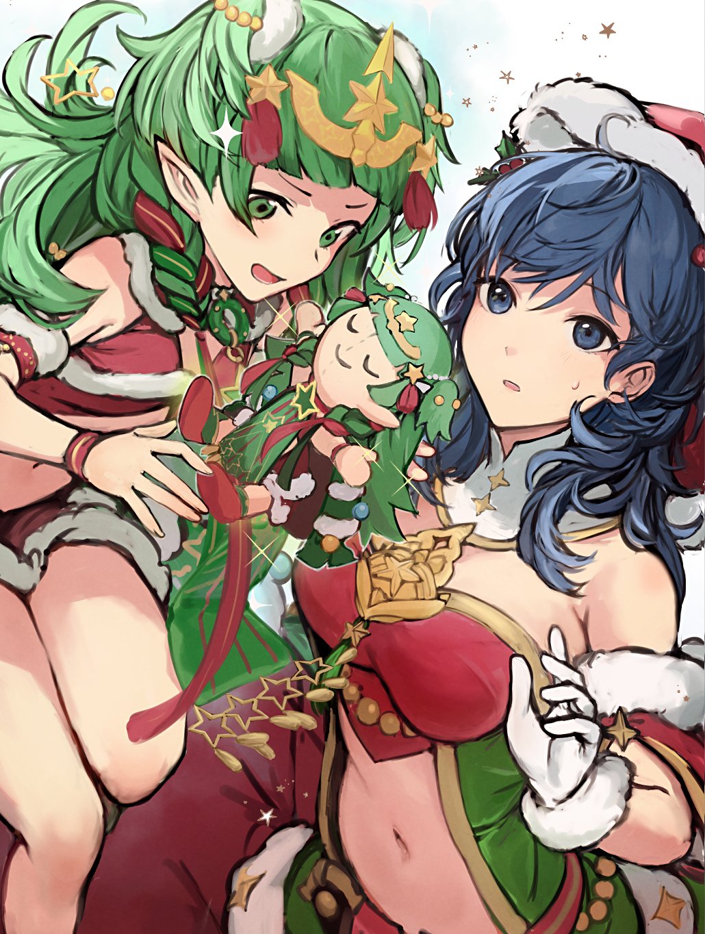 2girls :o bare_shoulders blue_eyes blue_hair breasts byleth_(female)_(fire_emblem) byleth_(female)_(frosty_professor)_(fire_emblem) byleth_(fire_emblem) character_doll christmas doll dress fire_emblem fire_emblem:_three_houses fire_emblem_heroes floating fur-trimmed_dress fur-trimmed_gloves fur_trim gloves green_eyes green_hair grey_background haru_(nakajou-28) highres holding holding_doll long_hair medium_breasts midriff multiple_girls navel official_alternate_costume red_dress santa_costume simple_background smile sothis_(fire_emblem) sothis_(winter)_(fire_emblem) stomach sweatdrop twintails very_long_hair white_gloves