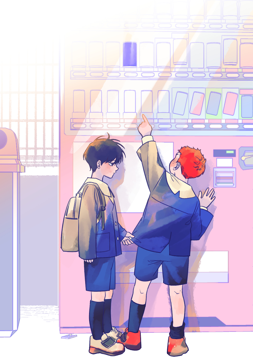 2boys aged_down back backpack bag black_eyes black_hair closed_mouth clothes_tug day from_side full_body light_rays looking_at_another male_focus multiple_boys pointing red_hair rukawa_kaede sakuragi_hanamichi salam_464 school_uniform short_hair slam_dunk_(series) vending_machine