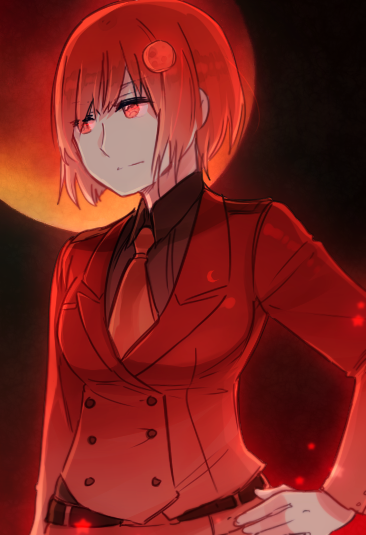 1girl belt blazer cioccolatodorima crescent_moon eclipse expressionless full_moon_hair_ornament hair_ornament hairpin hand_on_own_hip humanization jacket long_sleeves looking_to_the_side luna_(planetary_moe) lunar_eclipse moon necktie official_art personification planetary_moe red_eyes red_hair red_moon short_hair solo
