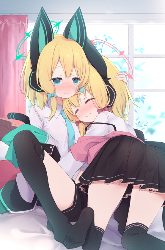 2girls all_fours animal_ear_headphones animal_ears arashiya ass bed black_shorts black_skirt black_thighhighs blonde_hair blue_archive blue_necktie blush bow cat_ear_headphones cat_ears cat_tail closed_eyes fake_animal_ears fake_tail feet green_eyes green_halo hair_bow halo hand_on_another's_head headphones hug indoors jacket low-tied_sidelocks midori_(blue_archive) momoi_(blue_archive) multiple_girls necktie no_shoes off_shoulder pink_halo pleated_skirt ribbon shirt short_hair shorts siblings sisters sitting skirt smile soles spread_legs tail thighhighs thighs twins white_jacket white_shirt window