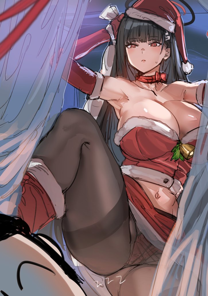 1boy 1girl alternate_costume black_hair blue_archive blush bow_(bhp) breasts christmas doodle_sensei_(blue_archive) fur-trimmed_headwear fur_trim hair_ornament hairclip halo hat large_breasts long_hair looking_at_viewer panties panties_under_pantyhose pantyhose red_eyes red_headwear rio_(blue_archive) sack santa_hat sensei_(blue_archive) sketch underwear very_long_hair