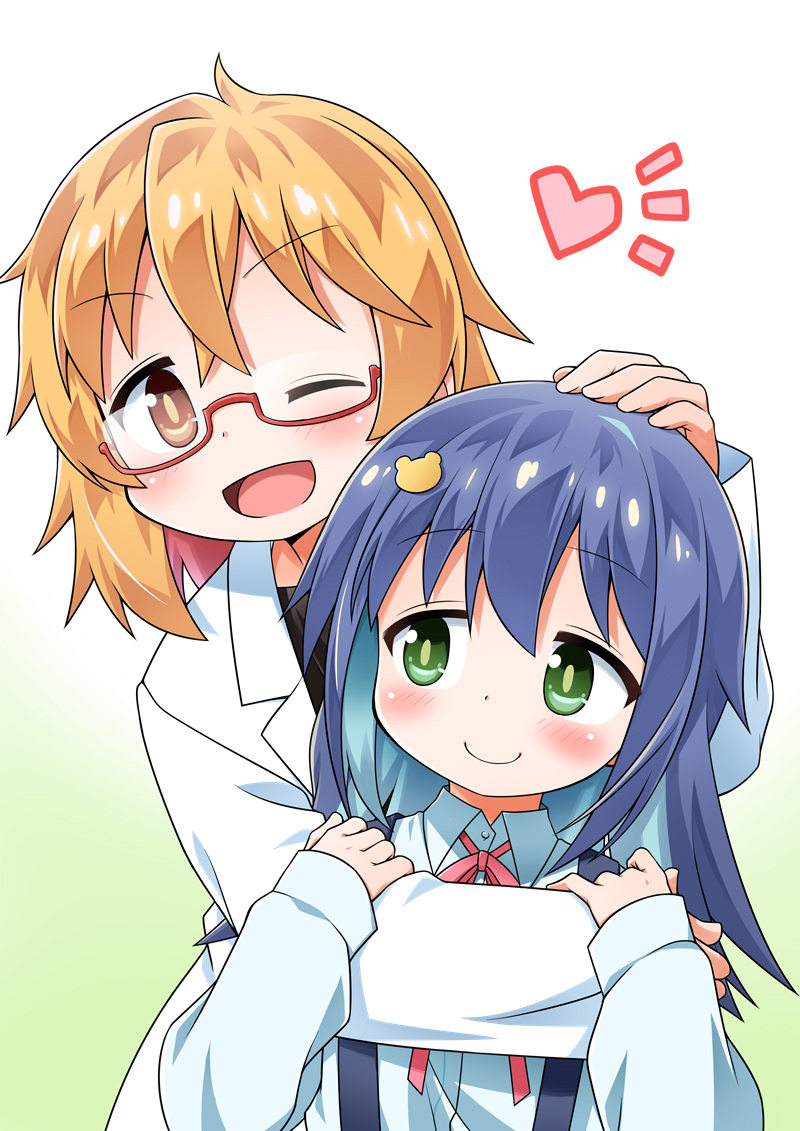 2girls ;d akou_roushi azuma_chitose blonde_hair blue_hair blush brown_eyes colored_inner_hair commentary_request gradient_background green_eyes hair_between_eyes hair_ornament hairclip hand_on_another's_head heart hug hug_from_behind lab_coat long_sleeves multicolored_hair multiple_girls neck_ribbon one_eye_closed onii-chan_wa_oshimai! open_mouth pink_hair red-framed_eyewear red_ribbon ribbon school_uniform semi-rimless_eyewear shirt simple_background smile suspenders tenkawa_nayuta two-tone_hair under-rim_eyewear white_background white_shirt yellow_background
