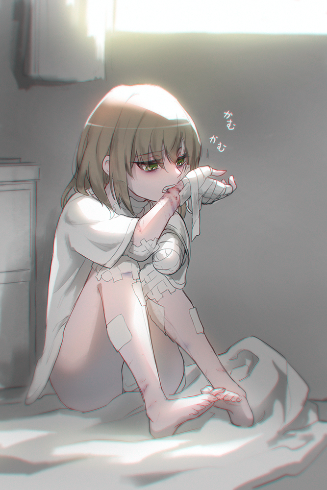 amputee bandaged_arm bandaged_leg bandages bed_sheet biting bruise green_eyes injury nova_yuri on_floor one-eyed original toes