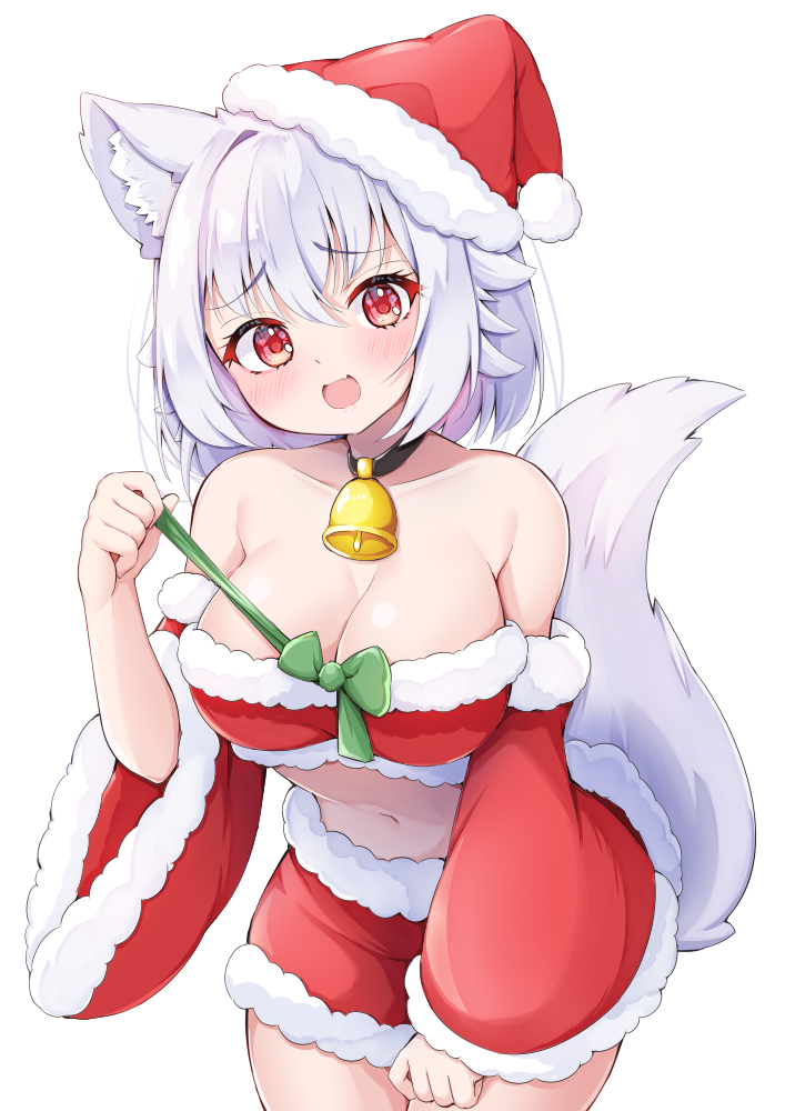 1girl alternate_costume animal_ear_fluff animal_ears bandeau bell black_choker blush bow bowtie breasts choker cleavage commentary_request cowboy_shot detached_sleeves fang fur-trimmed_bandeau fur-trimmed_skirt fur-trimmed_sleeves fur_trim green_bow hand_on_own_thigh hat inubashiri_momiji large_breasts leaning_forward looking_at_viewer medium_bangs midriff navel neck_bell open_mouth raised_eyebrows red_bandeau red_eyes red_headwear red_skirt red_sleeves rururiaru santa_hat short_hair simple_background skin_fang skirt smile solo tail touhou undone_bowtie white_background white_hair wolf_ears wolf_girl wolf_tail