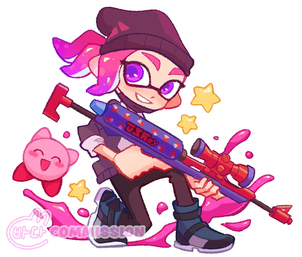 1girl beanie black_headwear commission english_commentary full_body gun hat holding holding_gun holding_weapon inkling inkling_girl kirby kirby_(series) paint pink_hair pointy_ears purple_eyes scope short_hair smile solo splat_charger_(splatoon) splatoon_(series) splatoon_3 star_(symbol) teeth tentacle_hair tokkibada watermark weapon white_background