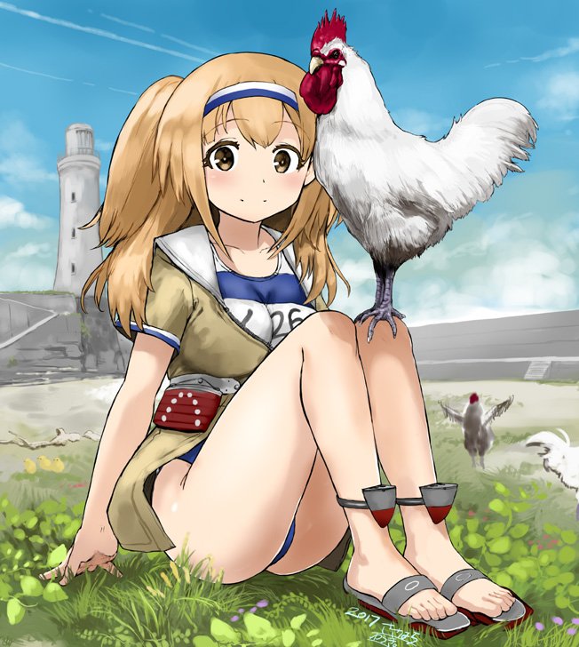 2017 animal bird blue_sky breasts chicken chinese_zodiac cloud day field grass hairband i-26_(kantai_collection) kantai_collection large_breasts legs_together light_brown_eyes light_brown_hair light_smile lighthouse long_hair looking_at_viewer machinery name_tag new_school_swimsuit open_clothes outdoors rooster sailor_collar sandals sasahara_yuuki school_swimsuit short_sleeves sitting sky smile solo stairs swimsuit swimsuit_under_clothes two-tone_hairband two_side_up year_of_the_rooster