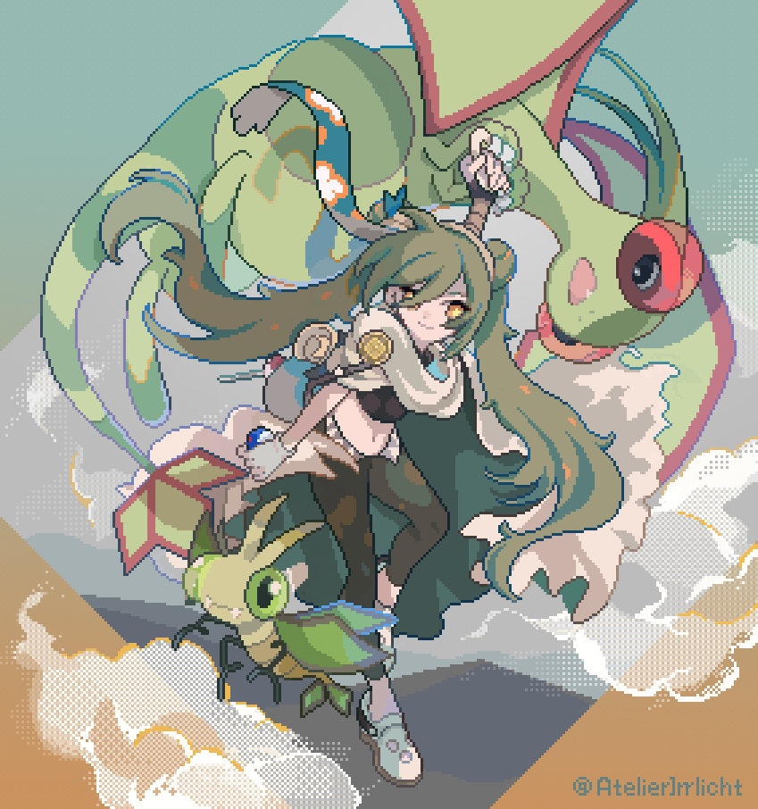 1girl artist_name black_pants claws closed_mouth cloud commentary_request evolutionary_line fangs flygon great_ball green_hair green_sky ground_miku_(project_voltage) hair_bun hatsune_miku holding holding_poke_ball long_hair midriff navel nekoolantern open_mouth pants pixel_art poke_ball pokemon pokemon_(creature) project_voltage smile twintails twitter_username vibrava vocaloid wings