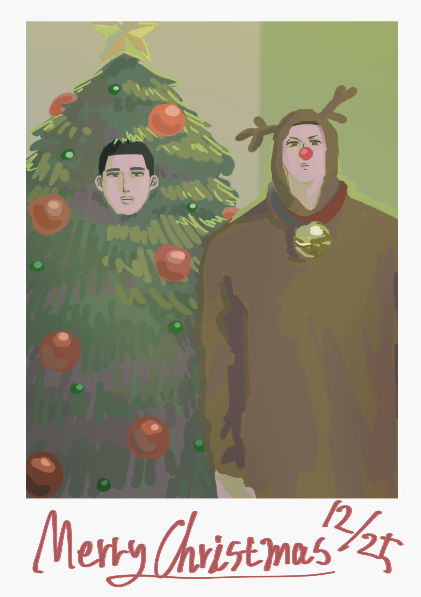 2boys animal_costume bell black_eyes black_hair buzz_cut christmas christmas_ornaments christmas_tree christmas_tree_costume closed_mouth cowboy_shot english_text fukatsu_kazunari highres looking_at_viewer male_focus merry_christmas multiple_boys neck_bell onesie red_nose reindeer_costume sawakita_eiji sdemchn49 short_hair slam_dunk_(series) undercut very_short_hair