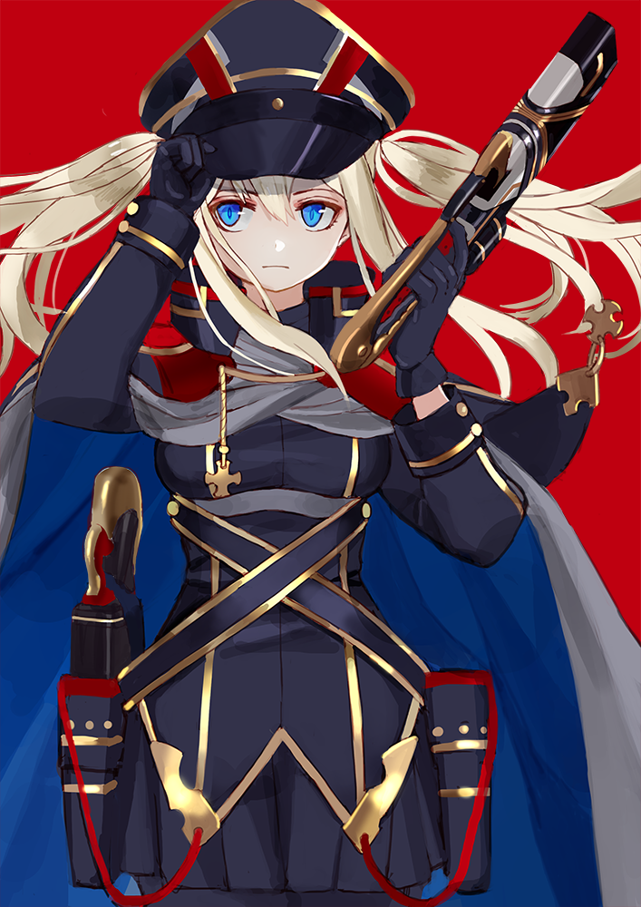 :| alternate_costume arm_up blonde_hair blue_cape blue_eyes cape closed_mouth graf_zeppelin_(kantai_collection) grey_cape gun hair_between_eyes hand_on_headwear handgun hat holding holding_gun holding_weapon jacket kantai_collection long_sleeves looking_to_the_side luicent military military_uniform multicolored multicolored_cape multicolored_clothes pistol red_background sidelocks solo tsurime twintails uniform weapon