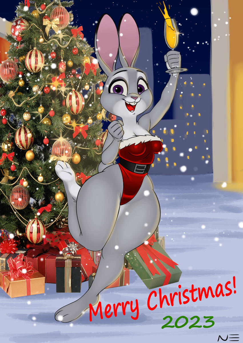 alcoholic_drink anthro beverage christmas christmas_clothing christmas_tree cider clothing disney female glass hi_res holidays judy_hopps lagomorph leporid mammal necroeddie plant rabbit snow snowing solo tree wide_hips zootopia