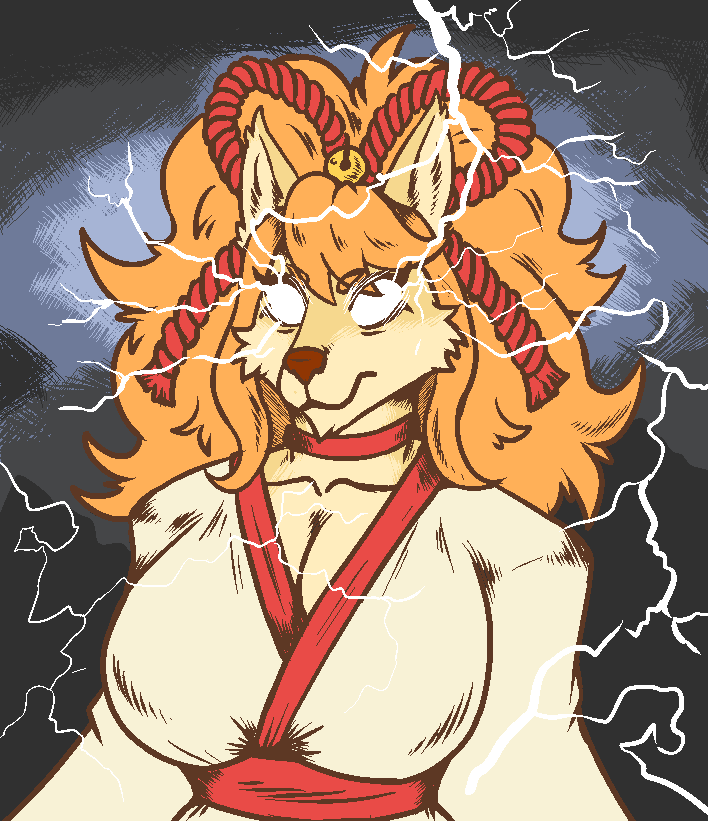anthro big_breasts breasts bright_eyes canid canine ceroba_(undertale_yellow) clothed clothing female fox hair huge_breasts low_tier_god mammal orange_hair signirsol solo thunder
