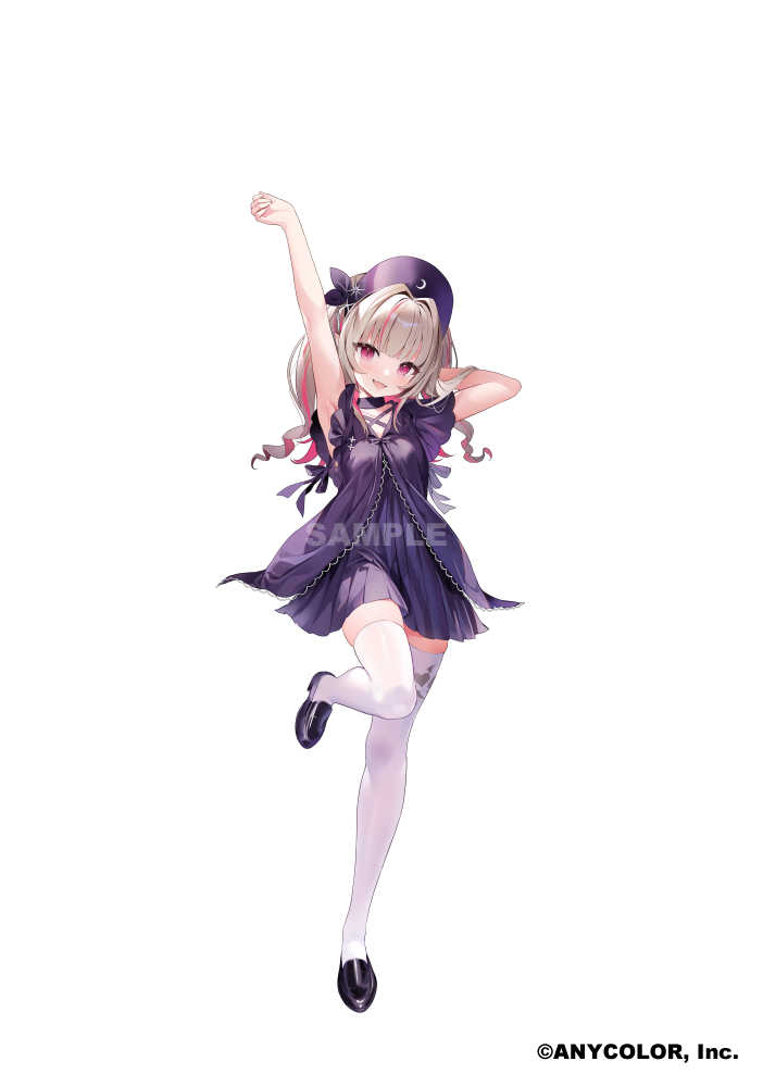 1girl black_footwear blonde_hair dress hoojiro makaino_ririmu multicolored_hair nijisanji official_art pink_eyes pink_hair purple_dress purple_headwear sample_watermark short_sleeves simple_background solo standing standing_on_one_leg streaked_hair thighhighs virtual_youtuber watermark white_background white_thighhighs