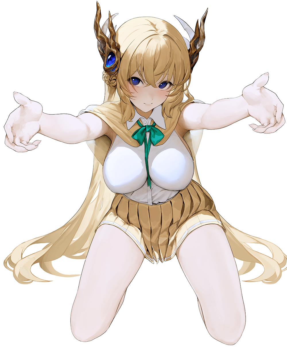 1girl armpit_peek blonde_hair blue_eyes blush bow bowtie breasts capelet closed_mouth collared_shirt commission egk513 full_body green_bow green_bowtie hair_ornament highres incoming_hug large_breasts long_hair looking_at_viewer miniskirt original outstretched_arms pleated_skirt seiza shirt simple_background sitting skirt sleeveless sleeveless_shirt smile solo thighs very_long_hair white_background white_shirt yellow_capelet yellow_skirt