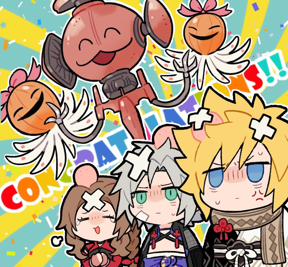 1girl 2boys aerith_gainsborough aerith_gainsborough_(rosy_battle_suit) anger_vein bandaid bandaid_on_face blonde_hair blue_eyes braid braided_ponytail brown_hair chest_strap chibi closed_eyes cloud_strife cloud_strife_(official_festive_garb) congratulations crossed_bandaids final_fantasy final_fantasy_vii final_fantasy_vii_ever_crisis frogccc333 furrowed_brow green_eyes grey_hair hair_ribbon happy_tears head_bump jack-o'-lantern japanese_clothes mechanical_parts multiple_boys official_alternate_costume open_mouth own_hands_together parted_bangs red_ribbon red_sleeves ribbon sephiroth sephiroth_(celebratory_garb) short_hair sidelocks single_braid slit_pupils spiked_hair sweatdrop tears upper_body