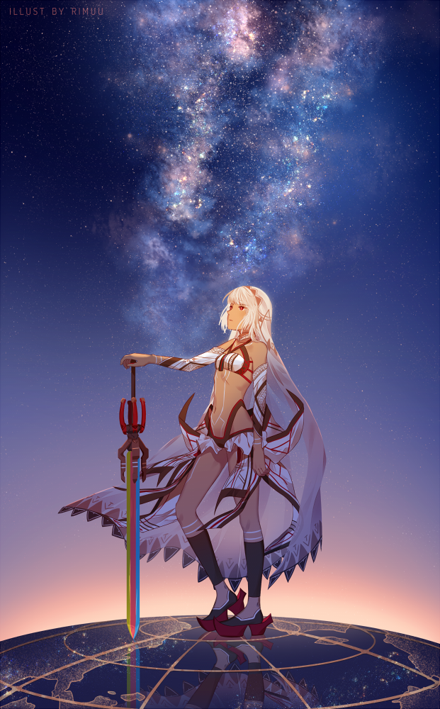 altera_(fate) artist_name bangs black_legwear commentary crop_top dark_skin fate/extella fate/extra fate/grand_order fate_(series) full_body globe kneehighs looking_up navel night night_sky parted_lips photon_ray red_eyes revealing_clothes rimuu sky solo standing standing_on_one_leg star_(sky) starry_sky sword veil weapon white_hair