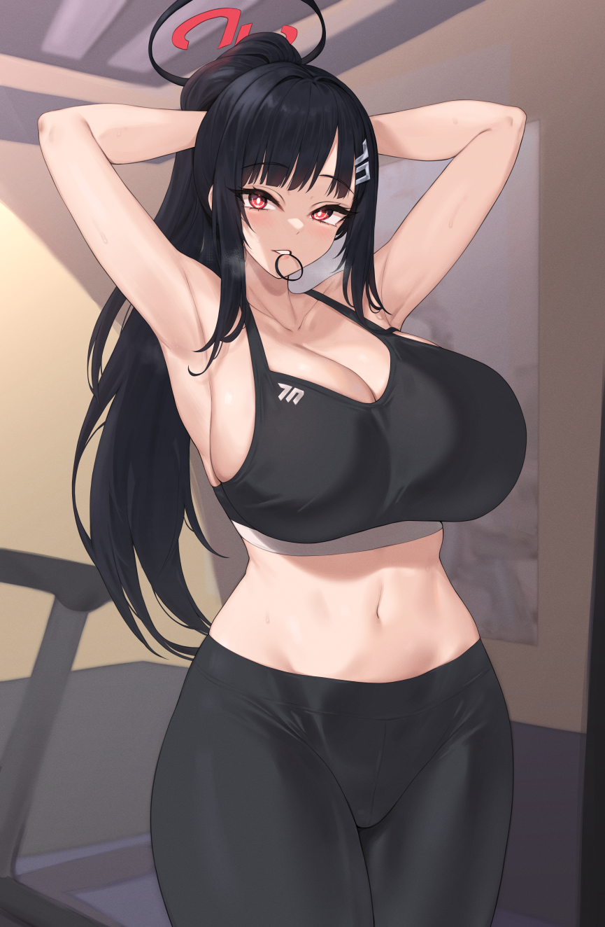 1girl armpits arms_up bare_arms bare_shoulders black_hair black_pants blue_archive breasts cleavage commentary_request cowboy_shot crop_top hair_ornament hairclip highres huge_breasts kuavera leggings looking_at_viewer midriff mouth_hold navel pants pink_eyes rio_(blue_archive) solo sports_bra standing stomach thighs tying_hair yoga_pants