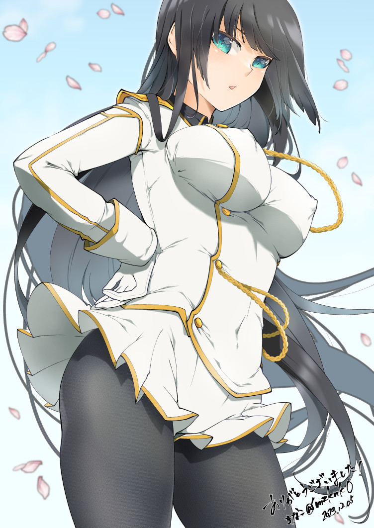 1girl aiguillette black_hair black_pantyhose black_undershirt blue_eyes blue_sky blush breasts buttons cherry_blossoms cloud covered_nipples cowboy_shot dated day double-breasted falling_petals gloves hand_on_own_hip hime_cut ikaruga_(senran_kagura) kinako_(mzknk0) large_breasts linea_alba long_hair looking_at_viewer open_mouth outdoors pantyhose petals senran_kagura senran_kagura_shoujo-tachi_no_shin'ei signature skirt sky solo standing very_long_hair white_gloves