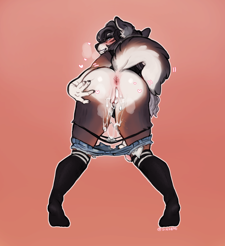 anthro bent_over blush bodily_fluids bottomwear bottomwear_down brown_body brown_fur butt canid canine canis clothed clothing cum cum_drip cum_in_pussy cum_inside cutoffs daisy_dukes denim denim_bottomwear denim_clothing domestic_dog dripping female footwear fur genital_fluids hotpants leaking_cum looking_at_viewer looking_back looking_back_at_viewer mammal partially_clothed presenting presenting_hindquarters shirt shorts shorts_down simple_background sinz0ne smile socks solo sweat tank_top thong_down topwear