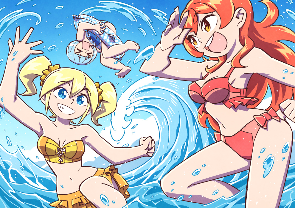 &gt;_&lt; 3girls bikini blonde_hair blue_eyes blue_hair blue_sky blunt_bangs clenched_hand closed_eyes collarbone hair_between_eyes hair_ornament hair_scrunchie innertube long_hair midriff multiple_girls navel ocean open_mouth orange_eyes orange_hair original red_bikini scrunchie shading_eyes short_eyebrows sidelocks sky smile square_mouth stomach strapless strapless_bikini summer sunafuki_tabito swim_ring swimsuit twintails water waves