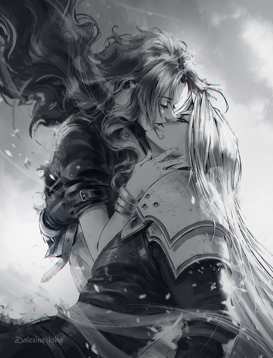 1boy 1girl aerith_gainsborough aleksandra_skiba arm_around_back armor bangle black_gloves black_jacket bracelet closed_eyes cropped_jacket final_fantasy final_fantasy_vii final_fantasy_vii_remake gloves greyscale half-closed_eyes hand_on_another's_cheek hand_on_another's_face hetero highres jacket jewelry kiss long_hair long_sleeves monochrome parted_bangs parted_lips sephiroth short_sleeves shoulder_armor sidelocks straight_hair twitter_username upper_body wavy_hair