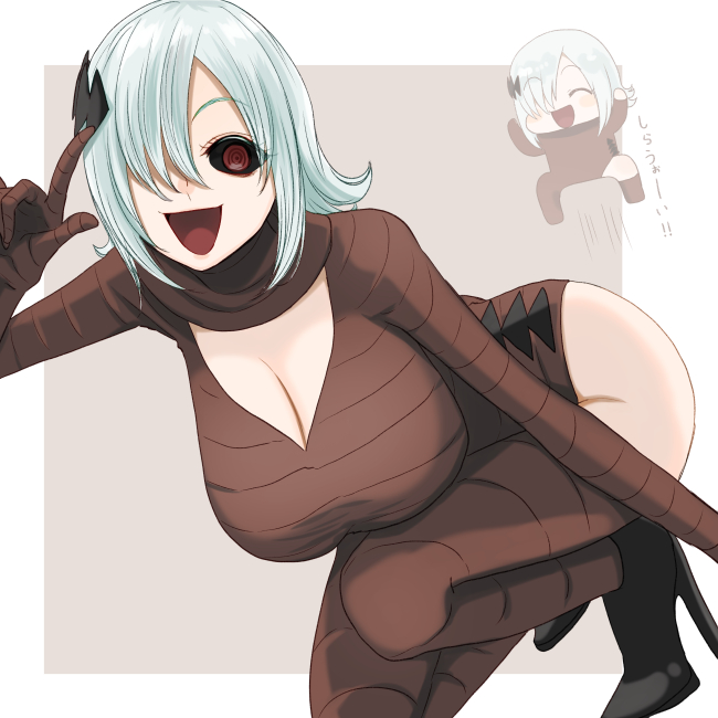 1girl black_footwear black_sclera bodysuit border breast_rest breasts brown_bodysuit chibi chibi_inset cleavage cleavage_cutout clothing_cutout colored_sclera commentary_request flipped_hair grey_hair hair_ornament hair_over_one_eye hand_up high_heels hip_vent huge_breasts index_finger_raised jumping long_hair looking_at_viewer motion_lines multiple_views oide_yo_mahou_shoujo_mura on_one_knee one_eye_covered open_mouth outside_border red_eyes ringed_eyes sasamaru_chimaki shiraoi_(oide_yo_mahou_shoujo_mura) smile v-neck white_border wide-eyed