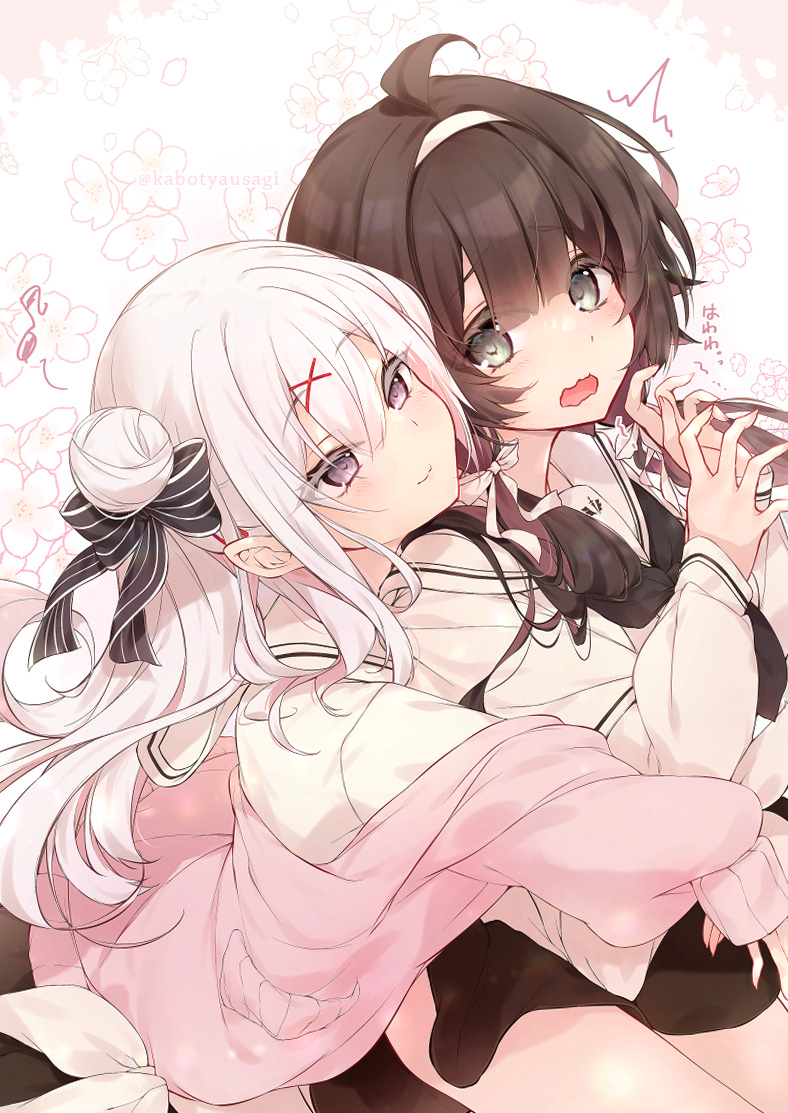 2girls ^^^ ahoge black_bow black_neckerchief black_skirt bow brown_hair closed_mouth commentary_request eighth_note floral_background grey_eyes hair_between_eyes hair_bow hair_bun hair_ornament hairband hug hug_from_behind jacket kabocha_usagi long_sleeves multiple_girls musical_note neckerchief novel_illustration off_shoulder official_art open_clothes open_jacket open_mouth original pink_jacket puffy_long_sleeves puffy_sleeves purple_eyes sailor_collar shirt simple_background single_side_bun skirt sleeves_past_wrists smile striped_bow translation_request trembling twitter_username white_background white_hair white_hairband white_sailor_collar white_shirt x_hair_ornament