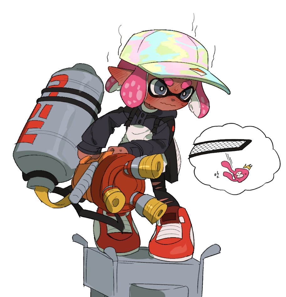 1girl ^^^ baseball_cap black_pants commentary_request dark-skinned_female dark_skin full_body grate grey_eyes gun hat holding holding_gun holding_weapon hydra_splatling_(splatoon) ikki_(gsl_9708) inkling inkling_girl korean_commentary pants pink_hair red_footwear shoes short_hair solo splatoon_(series) splatoon_3 squid standing sweat tentacle_hair thick_eyebrows thought_bubble torn_clothes torn_pants wavy_mouth weapon