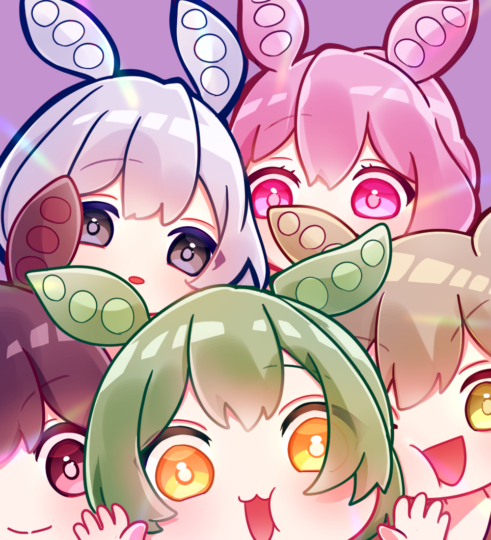 5girls :3 against_fourth_wall animal_ears ankomon bright_pupils brown_hair cheek_press close-up closed_mouth commentary double-parted_bangs green_hair grey_eyes light_brown_hair looking_at_viewer multiple_girls open_mouth parted_lips pink_background pink_eyes pink_hair red_eyes short_hair smile symbol-only_commentary voiceroid voicevox white_hair white_pupils yellow_eyes zundamon