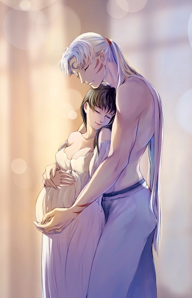 1boy 1girl arm_markings bare_shoulders black_hair blurry blurry_background breasts cleavage closed_eyes closed_mouth collarbone couple cowboy_shot crescent crescent_facial_mark demon_boy dress facial_mark forehead_mark hand_on_another's_stomach hand_on_own_stomach hetero inuyasha large_breasts leavetears long_hair maternity_dress off-shoulder_dress off_shoulder pants parted_bangs pointy_ears ponytail pregnant rin_(inuyasha) sesshoumaru smile topless_male white_dress white_hair white_pants
