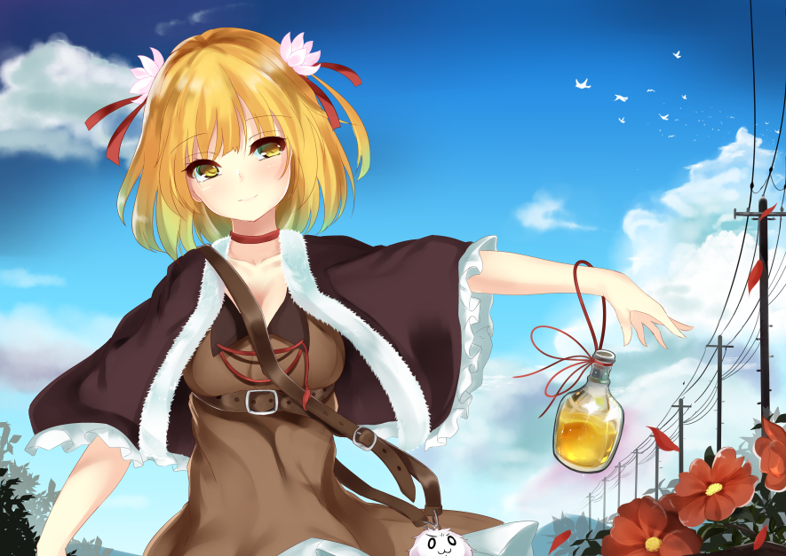 bangs blonde_hair blush bottle breasts brown_shirt capelet choker cleavage closed_mouth commentary_request day flower hair_ornament looking_at_viewer medium_breasts mikagemaru_(mikage000) original outdoors shirt short_hair smile solo telephone_pole upper_body utility_pole yellow_eyes