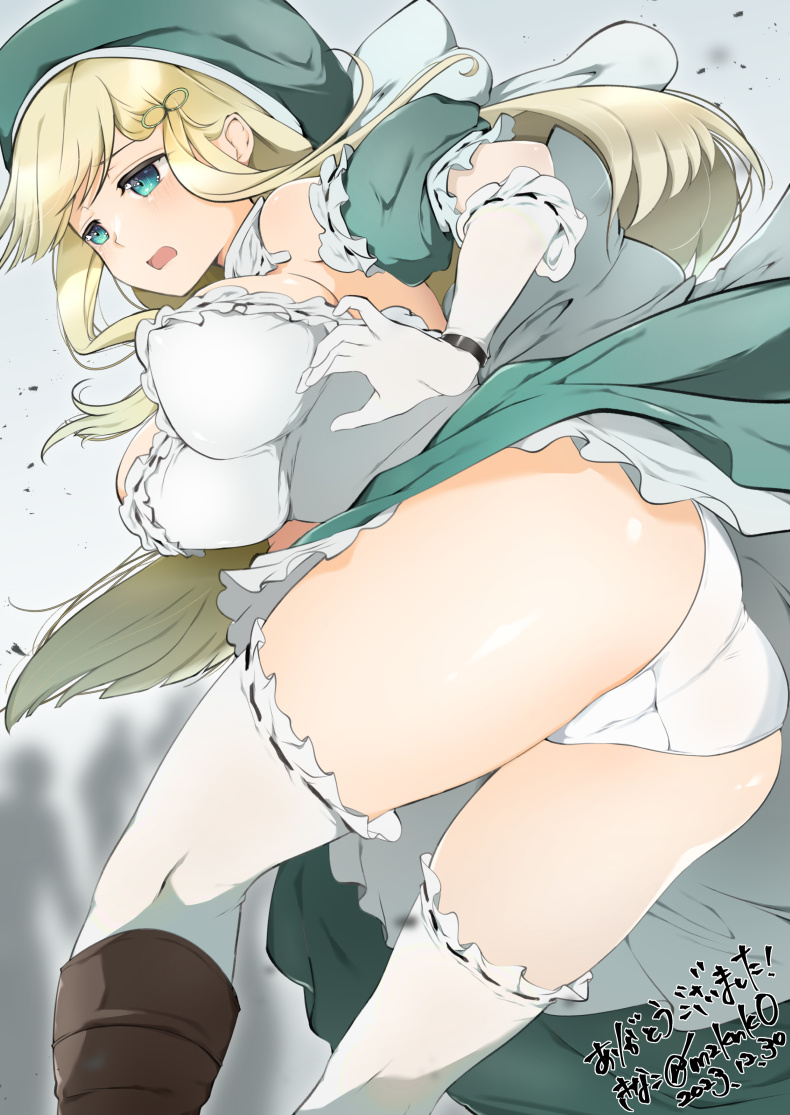 1girl ass bare_shoulders blonde_hair blush boots bow breasts brown_footwear cleavage dated detached_collar detached_sleeves dress embarrassed faceless gloves green_dress green_eyes grey_background hair_ornament hairclip hat hat_bow huge_bow kinako_(mzknk0) large_breasts long_hair looking_at_viewer open_mouth panties people ribbon ribbon-trimmed_clothes ribbon-trimmed_collar ribbon-trimmed_dress ribbon-trimmed_gloves ribbon-trimmed_legwear ribbon-trimmed_sleeves ribbon_trim senran_kagura senran_kagura_shoujo-tachi_no_shin'ei shiny_skin signature silhouette solo underwear white_bow white_dress white_panties yomi_(senran_kagura)