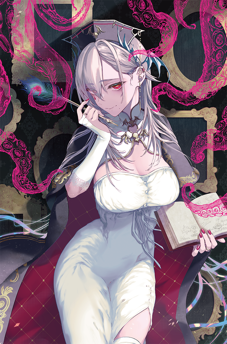 1girl black_cloak black_headwear book breasts bridal_gauntlets bright_pupils cleavage cloak closed_mouth comiket_103 dress eyes_visible_through_hair hair_between_eyes hat head_wings holding holding_book holding_pen large_breasts mole mole_under_mouth open_book peacock_feathers pen pink_nails pochi_(pochi-goya) pochimaru_(vtuber) pochimaru_(vtuber)_(4th_costume) rectangular_pupils red_eyes solo tapestry teardrop_facial_mark tentacles virtual_youtuber white_bridal_gauntlets white_dress white_pupils wings
