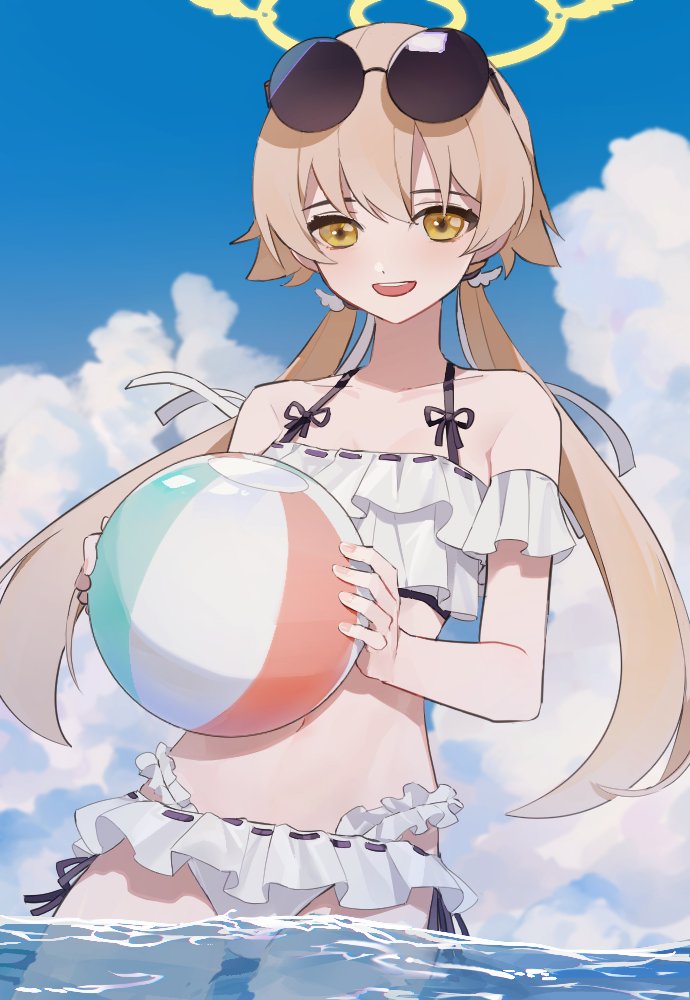 1girl ball beachball bikini blonde_hair blue_archive blue_sky breasts cjsdh1000 cloud day eyewear_on_head frilled_bikini frills halo hifumi_(blue_archive) hifumi_(swimsuit)_(blue_archive) holding holding_ball long_hair looking_at_viewer low_twintails open_mouth orange_eyes outdoors round_eyewear sky small_breasts sunglasses swimsuit twintails water white_bikini