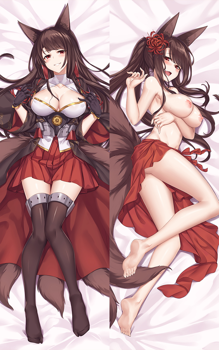 1girl :d akagi_(azur_lane) animal_ears arm_support arm_under_breasts artist_request azur_lane bare_legs bare_shoulders bikini bikini_bottom_only bikini_skirt black_gloves blush breasts brown_hair cleavage close-up eyeshadow flower fox_ears fox_girl fox_tail full_body gloves grin groin hair_flower hair_ornament hairclip hand_on_own_chest hands_up highres hip_focus japanese_clothes kimono kitsune knees_together_feet_apart leg_up long_hair lying makeup medium_breasts miniskirt multiple_tails no_panties on_back on_side pleated_skirt ponytail red_bikini red_eyes red_eyeshadow red_flower red_kimono red_skirt sakura_empire_(emblem) skirt smile solo spider_lily swimsuit tail thighhighs thighs topless very_long_hair