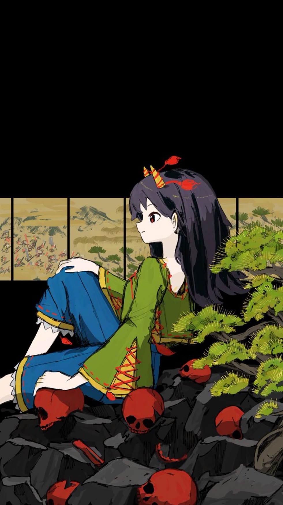 1girl black_background black_hair blue_pants closed_mouth commentary cross-laced_clothes from_side green_shorts hand_on_own_knee highres horn_ornament horns knee_up long_hair long_sleeves neruzou nippaku_zanmu painting_(object) pants profile red_eyes rock shorts sitting skull solo tassel touhou tree wide_sleeves