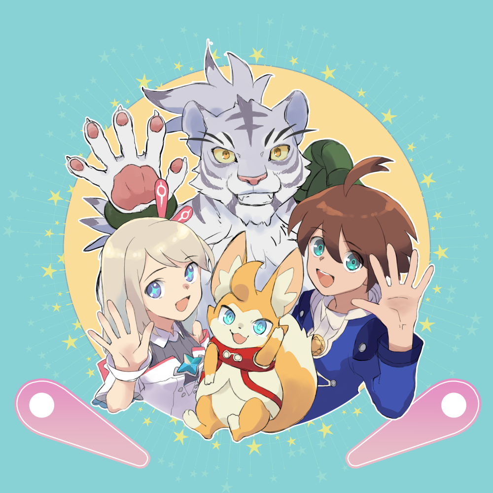 +_+ 1girl 3boys :3 ahoge alk_(world_flipper) animal_ear_fluff animal_ears animal_hands animal_nose arm_up bare_shoulders blonde_hair blue_border blue_eyes blue_gemstone blue_jacket blue_pupils body_fur border brown_hair claws collared_shirt colored_sclera commentary_request flat_chest fujise full_body furry furry_male gem grey_fur grey_hair grey_shirt grin hair_between_eyes happy jacket light_(world_flipper) looking_at_viewer medium_hair multicolored_fur multiple_boys nimbus_(world_flipper) notched_ear open_mouth orange_eyes outline pawpads pinball purple_eyes ringed_eyes round_image shirt short_hair sidelocks smile snout star_(symbol) stella_(world_flipper) swept_bangs tail teeth tiger_boy tiger_ears topknot two-tone_fur upper_body waving white_outline world_flipper wrist_cuffs yellow_fur yellow_sclera