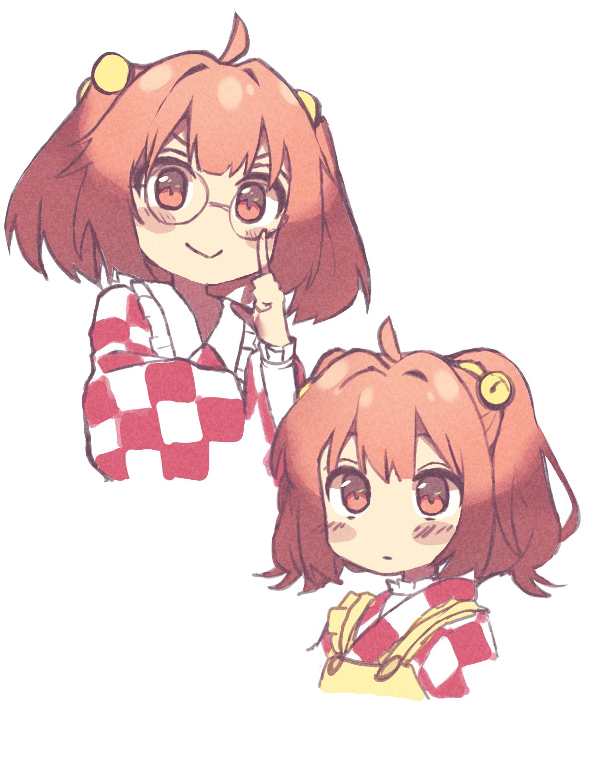 1girl adjusting_eyewear ahoge apron bell blush c2ix7 checkered_clothes checkered_kimono glasses hair_bell hair_intakes hair_ornament highres index_finger_raised japanese_clothes kimono looking_at_viewer medium_hair motoori_kosuzu multiple_views orange_hair red_eyes red_kimono round_eyewear simple_background smile touhou two_side_up white_background white_kimono yellow_apron