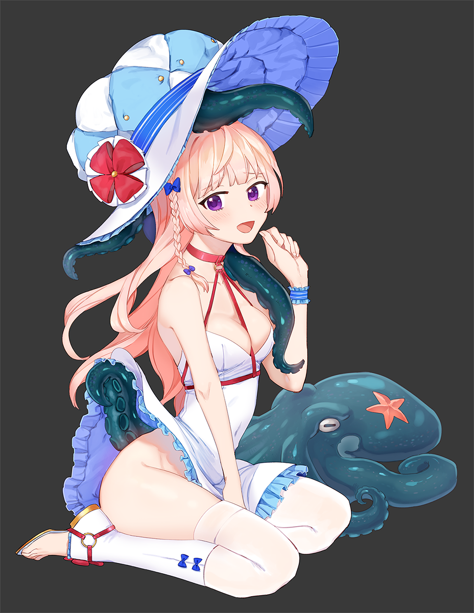1girl :d between_legs blue_bow blue_headwear blush bow braid breasts choker covered_navel dress from_side gg_dal grey_background hair_bow hand_between_legs hand_up hat highres long_hair looking_at_viewer medium_breasts octopus original pink_hair purple_eyes red_choker short_dress simple_background sitting smile solo tentacles tentacles_under_clothes toeless_footwear white_dress wristband