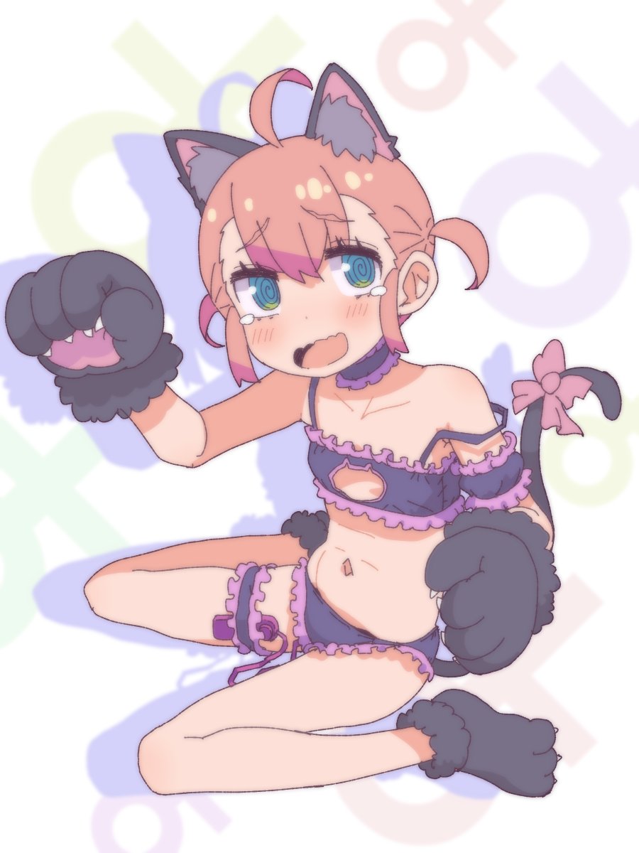 1girl @_@ ahoge animal_ears animal_hands badluck2033 blue_eyes blush bra bridal_garter cat_cutout cat_ears cat_lingerie cat_tail clothing_cutout flat_chest frilled_bra frills full_body gloves highres looking_at_viewer meme_attire navel onii-chan_wa_oshimai! orange_hair original panties paw_gloves paw_shoes short_hair sitting solo strap_slip tail tearing_up underwear underwear_only vibrator_in_thigh_strap wariza wavy_mouth