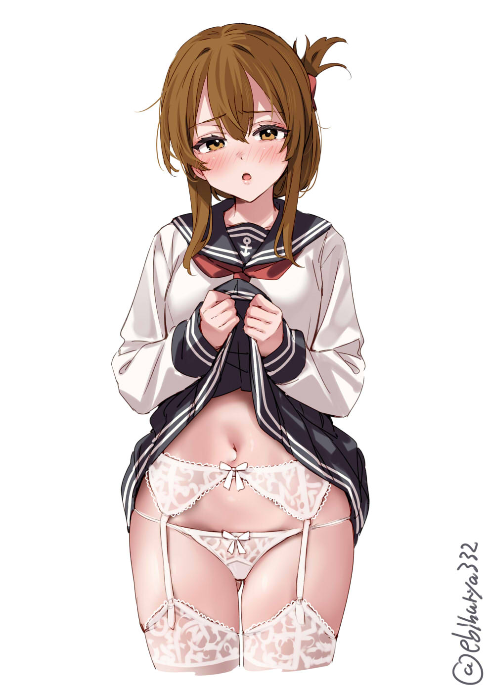 1girl black_sailor_collar black_skirt blush bow bow_panties breasts brown_eyes brown_hair clothes_lift commentary_request cowboy_shot cropped_legs ebifurya folded_ponytail garter_straps hair_ornament highres inazuma_(kancolle) kantai_collection lifted_by_self looking_at_viewer neckerchief open_mouth panties pleated_skirt sailor_collar school_uniform serafuku shirt short_hair skirt skirt_lift solo underwear white_background white_panties white_shirt