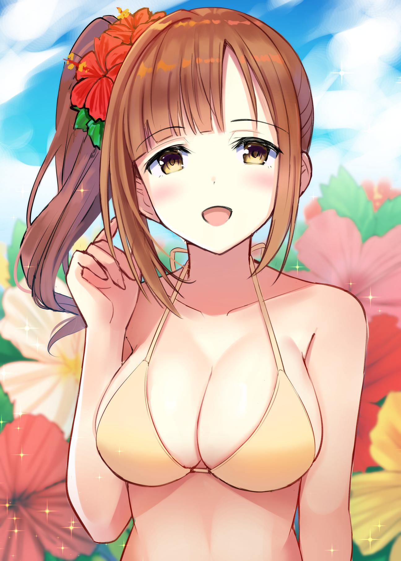 1girl bare_shoulders bikini blue_sky blush breasts brown_eyes brown_hair cleavage cloud collarbone day dot_nose floral_background flower hair_flower hair_ornament hand_up hibiscus highres idolmaster idolmaster_cinderella_girls idolmaster_cinderella_girls_starlight_stage igarashi_kyoko long_hair looking_at_viewer medium_breasts open_mouth pink_flower red_flower side_ponytail sky smile solo sparkle swimsuit u_rin upper_body white_flower yellow_bikini yellow_flower