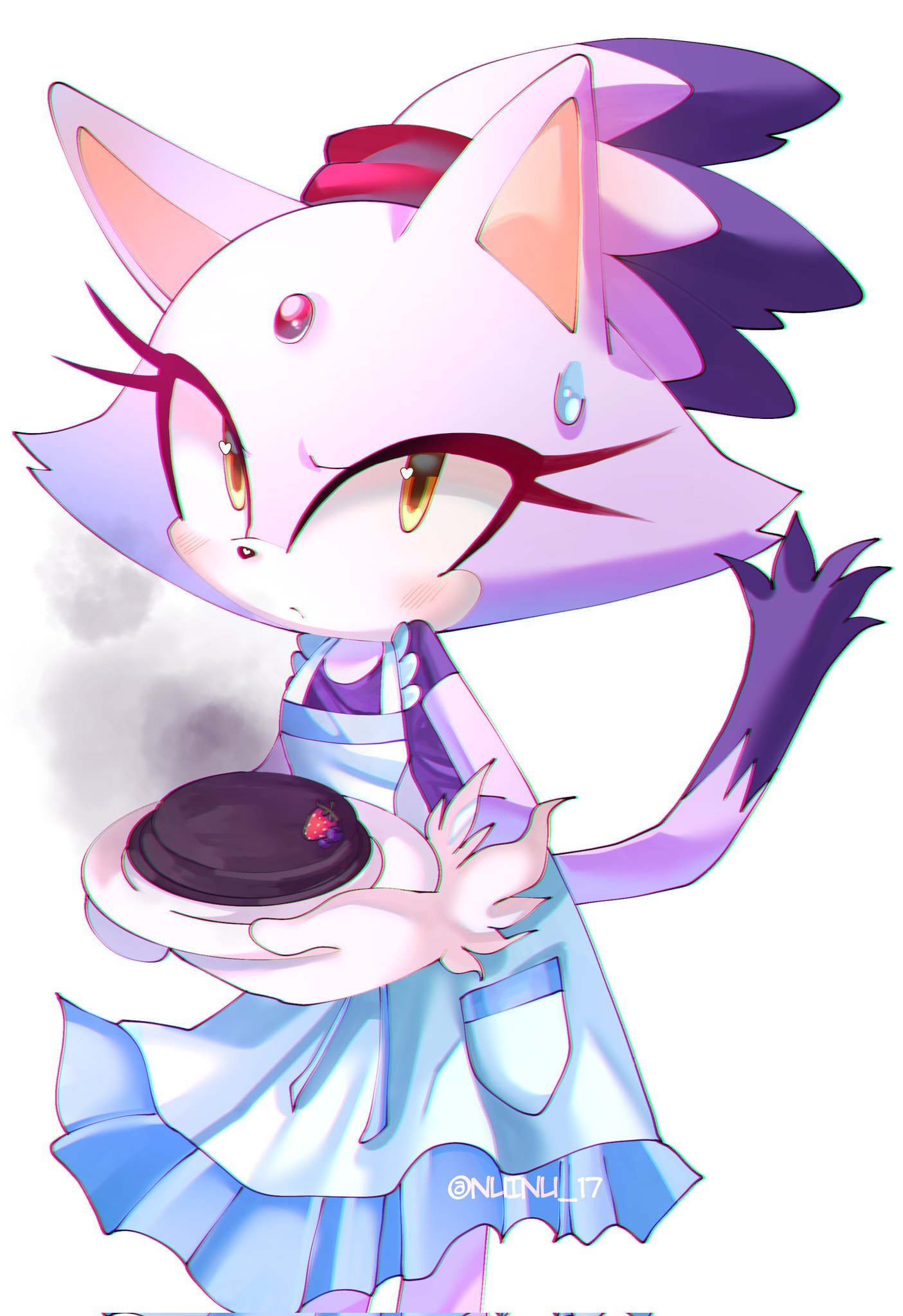 1girl animal_ears apron blaze_the_cat blue_apron burnt_food cat_ears cat_girl cat_tail forehead_jewel fur-trimmed_gloves fur_trim furry furry_female gloves highres holding holding_plate looking_at_viewer nuinu_17 plate ponytail purple_fur purple_shirt shirt sonic_(series) sweatdrop tail white_gloves yellow_eyes