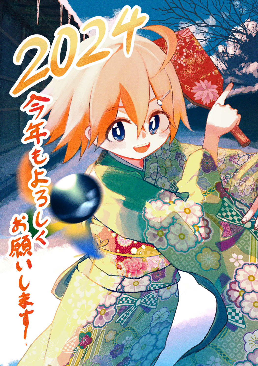 1girl 2024 ahoge blue_eyes cloud commentary_request floral_print floral_print_kimono green_kimono hair_between_eyes hair_ornament hairclip highres holding holding_paddle icicle inami_hatoko japanese_clothes kimono looking_at_viewer obi open_mouth orange_hair original outdoors paddle print_kimono sash short_hair snow solo teeth translation_request upper_teeth_only