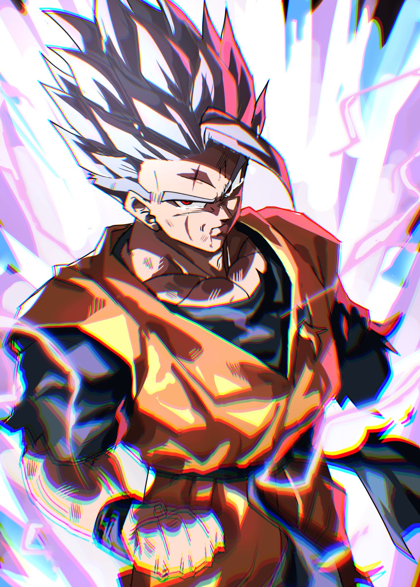 1boy amputee aura belt blue_belt blue_shirt clenched_hand closed_mouth commentary_request dougi dragon_ball dragon_ball_super dragon_ball_super_super_hero dragon_ball_z electricity gohan_beast highres looking_at_viewer male_focus missing_limb orange_shirt pectoral_cleavage pectorals red_eyes scar scar_on_face scene_reference shirt simple_background solo son_gohan son_gohan_(future) spiked_hair tears tkht_9315 white_hair