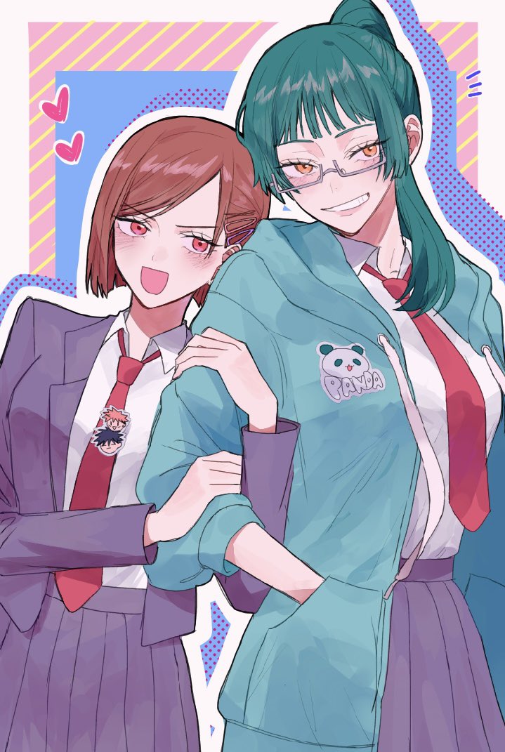 2girls black_jacket black_skirt blue_jacket blunt_bangs brown_hair character_sticker collared_shirt cowboy_shot fushiguro_megumi glasses green_hair grin hand_in_pocket high_ponytail itadori_yuuji jacket jujutsu_kaisen kugisaki_nobara locked_arms long_hair looking_at_viewer mahiru050421 multiple_girls necktie open_mouth panda_(jujutsu_kaisen) pink_eyes red_necktie shirt short_hair skirt smile standing teeth v-shaped_eyebrows white_shirt yellow_eyes zen'in_maki