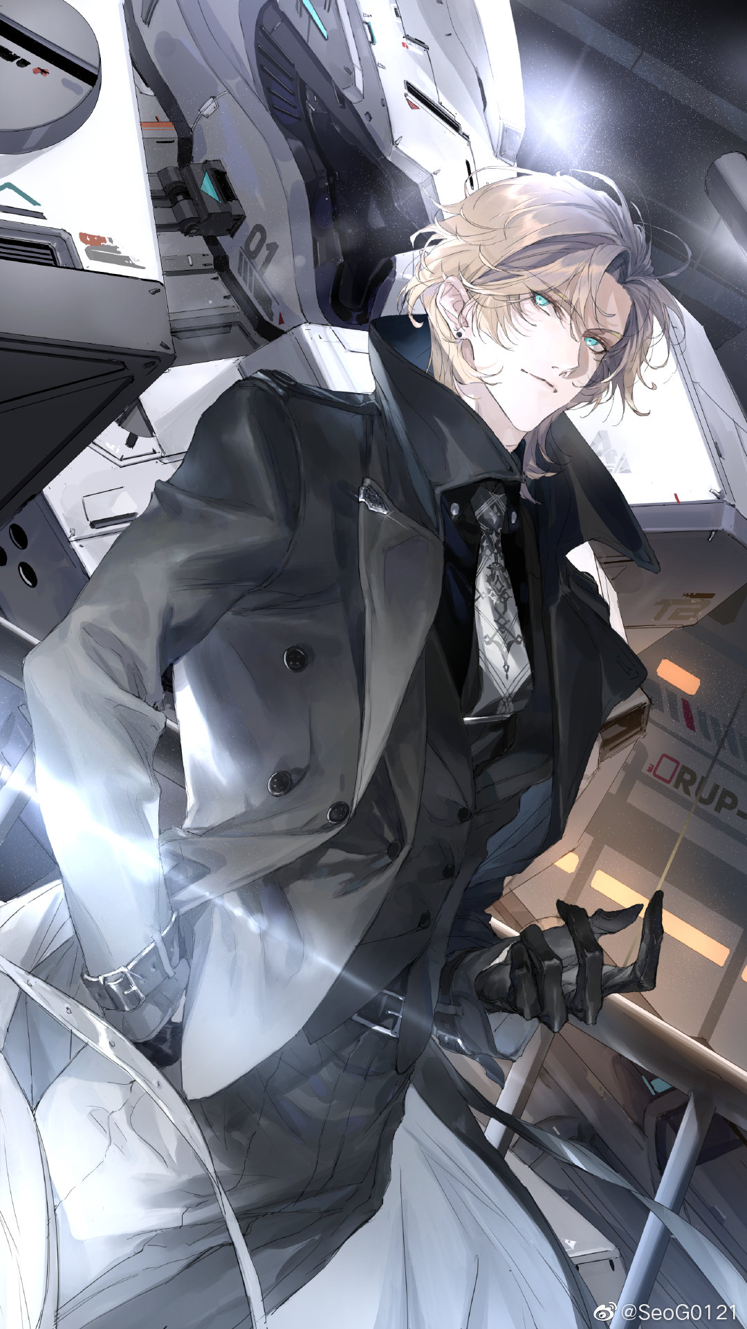 1boy aqua_eyes black_coat black_gloves black_pants black_shirt black_vest blonde_hair buttons closed_mouth coat collared_shirt cowboy_shot earrings gloves hand_in_pocket highres indoors jewelry lars_rorschach light_smile long_sleeves looking_at_viewer lovebrush_chronicles male_focus mecha necktie official_art open_clothes open_coat pants parted_bangs print_necktie railing robot seomouse shirt short_hair solo standing stud_earrings vest weibo_logo weibo_username white_necktie
